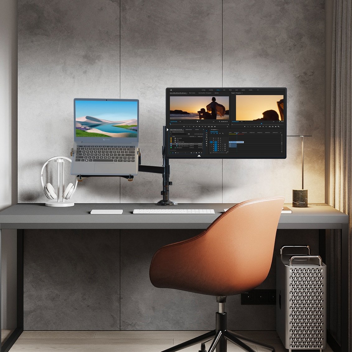 H180-FP-2- (2) 2in-1 Dual Desk Arm mount for Laptop & Monitors (H180 fp-2) Space Saving Setup - Image 1