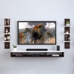 Wooden TV Entertainment Unit with 2 Wooden wall shelves, a floating Set Top Box Stand and TV Cabinet for TVs up to 106.7 cm - Brown and White Finish