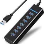 7-Port USB 3.0 Hub ZR207, Ultra-Slim Portable Data Extender with Blue LED Indicator, Compatible with Laptop, PC, MacBook (Black)