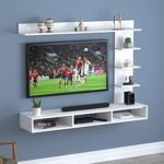 Wood WalLMount TV Unit, a spacious Floating TV Cabinet and Entertainment Stand for TVs, finished in a clean and modern White color - With side shelf - L130 x W25 cm